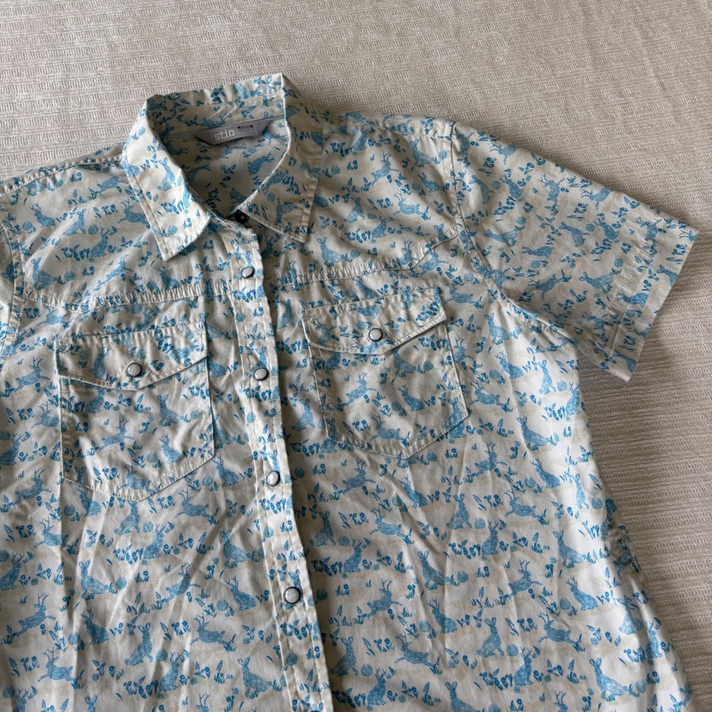 Stio Womens Jackalope Print Short Sleeve Snap Front Western Shirt Blue White L